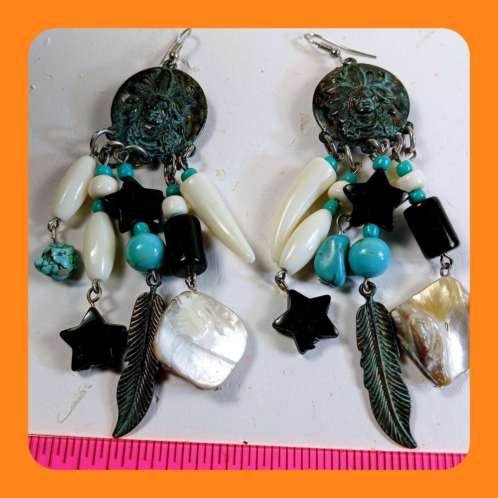 Boho Southwestern Verdigris Turquoise Mother of Pearl Star Feather Earrings